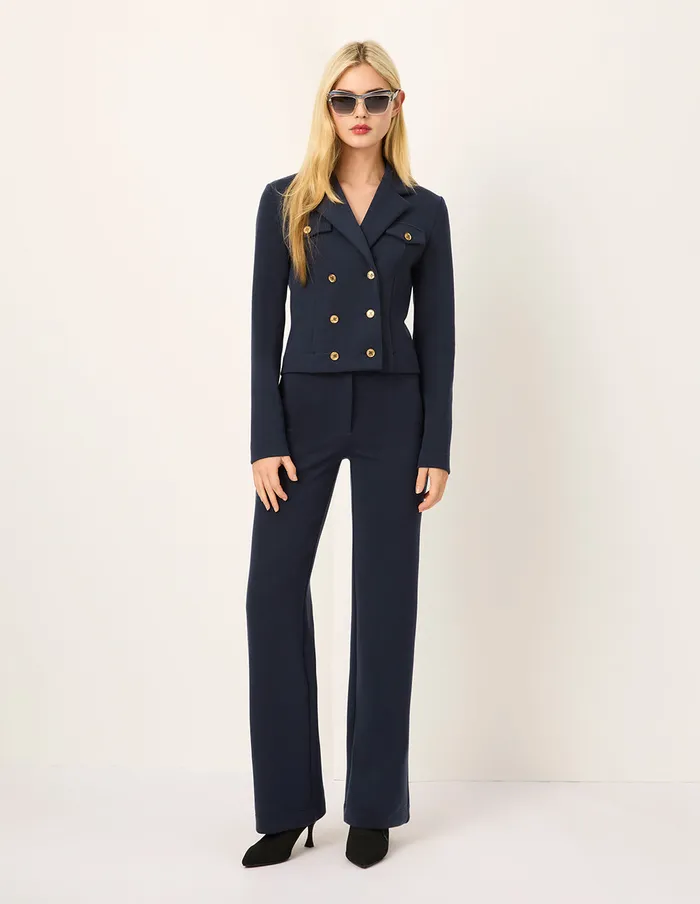 MARYLING Jacket and Coat Peaked Lapel DoubleBreasted Navy Knit Short Jacket Blue Ashes 8211 Women MARYLING Jacket and Coat Peaked Lapel DoubleBreasted Navy Knit Short Jacket Blue Ashes 8211 Women