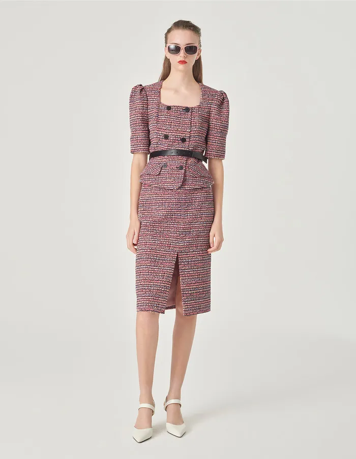 MARYLING Jacket and Coat Pink Striped Square Collar Tweed Jacket Pink 8211 Women MARYLING Jacket and Coat Pink Striped Square Collar Tweed Jacket Pink 8211 Women