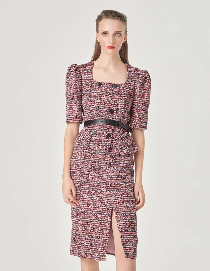 MARYLING Jacket and Coat Pink Striped Square Collar Tweed Jacket Pink 8211 Women MARYLING Jacket and Coat Pink Striped Square Collar Tweed Jacket Pink 8211 Women