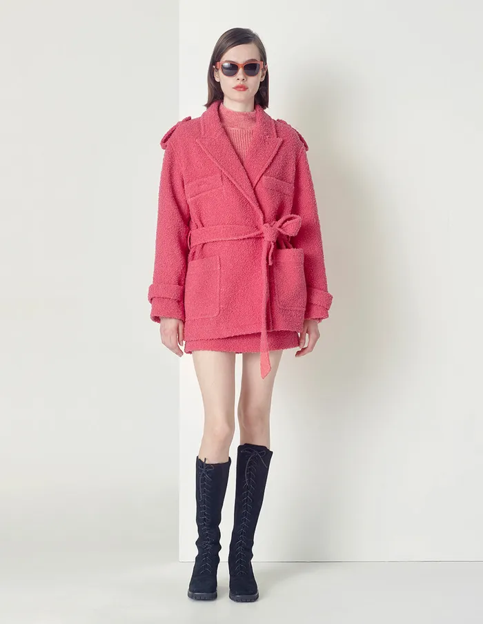 MARYLING Jacket and Coat Sweet Peach Pink Belted Jacket Red 8211 Women