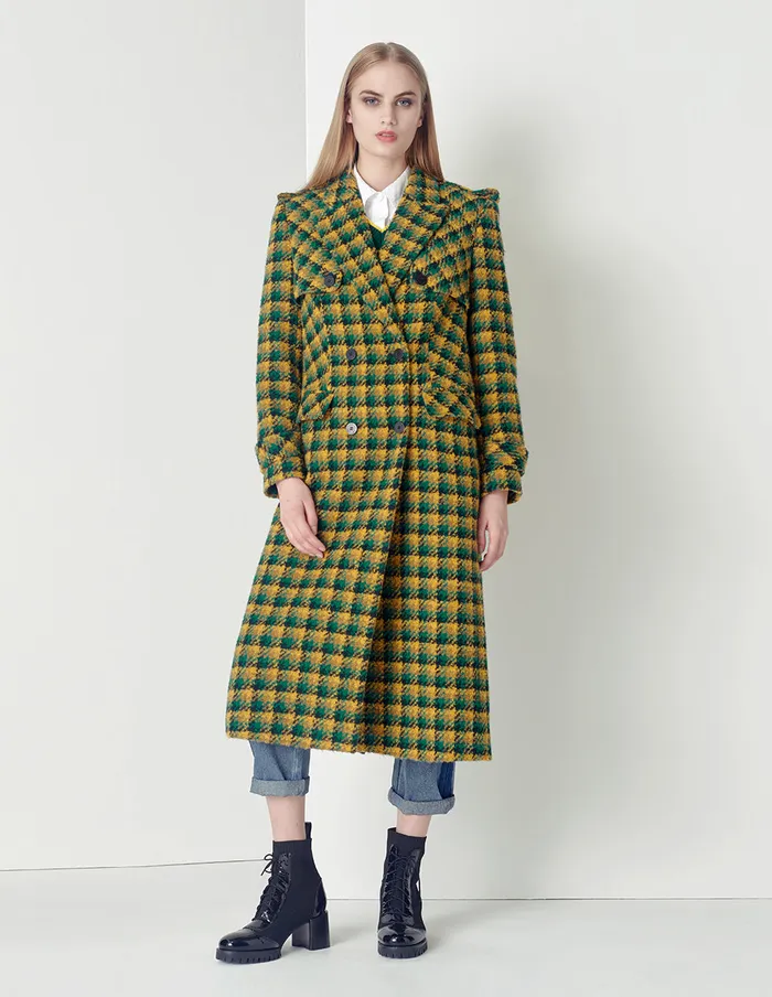 MARYLING Jacket and Coat YellowGreen Plaid Lapel DoubleBreasted Coat Checks 8211 Women MARYLING Jacket and Coat YellowGreen Plaid Lapel DoubleBreasted Coat Checks 8211 Women