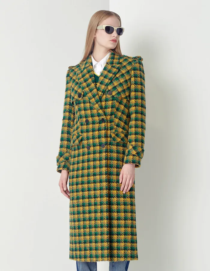 MARYLING Jacket and Coat YellowGreen Plaid Lapel DoubleBreasted Coat Checks 8211 Women MARYLING Jacket and Coat YellowGreen Plaid Lapel DoubleBreasted Coat Checks 8211 Women