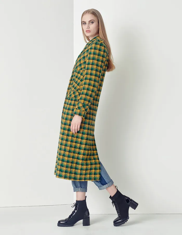 MARYLING Jacket and Coat YellowGreen Plaid Lapel DoubleBreasted Coat Checks 8211 Women MARYLING Jacket and Coat YellowGreen Plaid Lapel DoubleBreasted Coat Checks 8211 Women