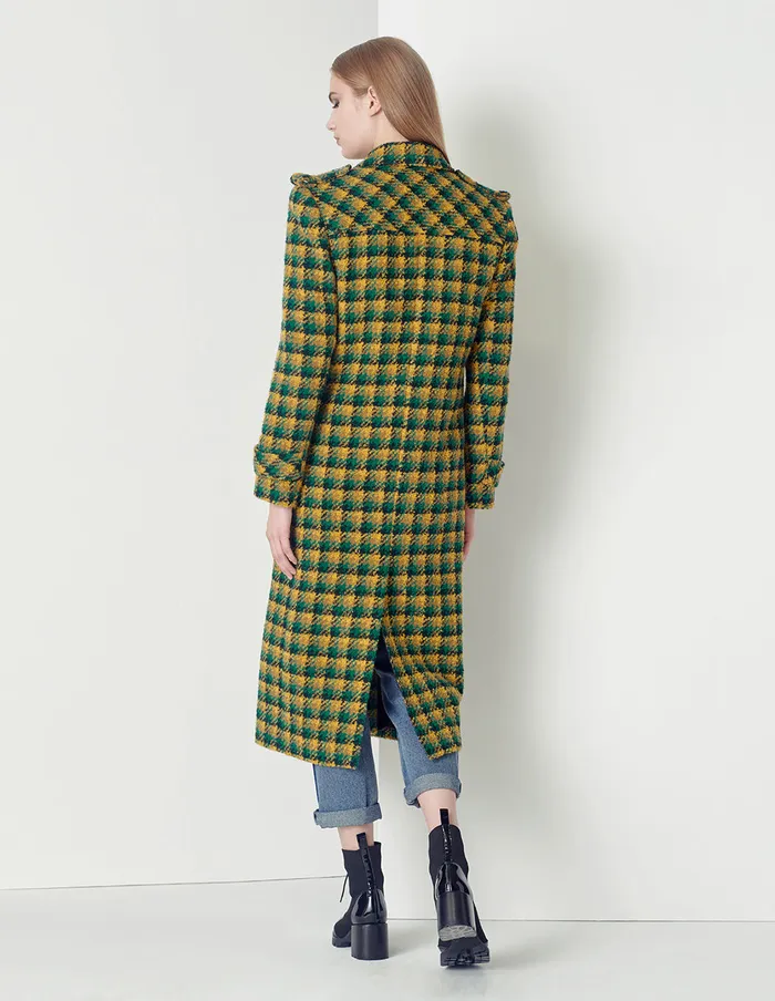 MARYLING Jacket and Coat YellowGreen Plaid Lapel DoubleBreasted Coat Checks 8211 Women MARYLING Jacket and Coat YellowGreen Plaid Lapel DoubleBreasted Coat Checks 8211 Women