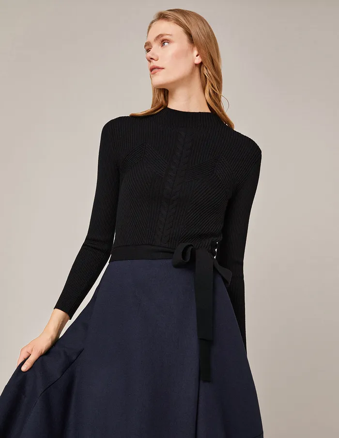 MARYLING Knit Dress RibKnit Spliced Pleated Midi Dress Dark Blue 8211 Women MARYLING Knit Dress RibKnit Spliced Pleated Midi Dress Dark Blue 8211 Women