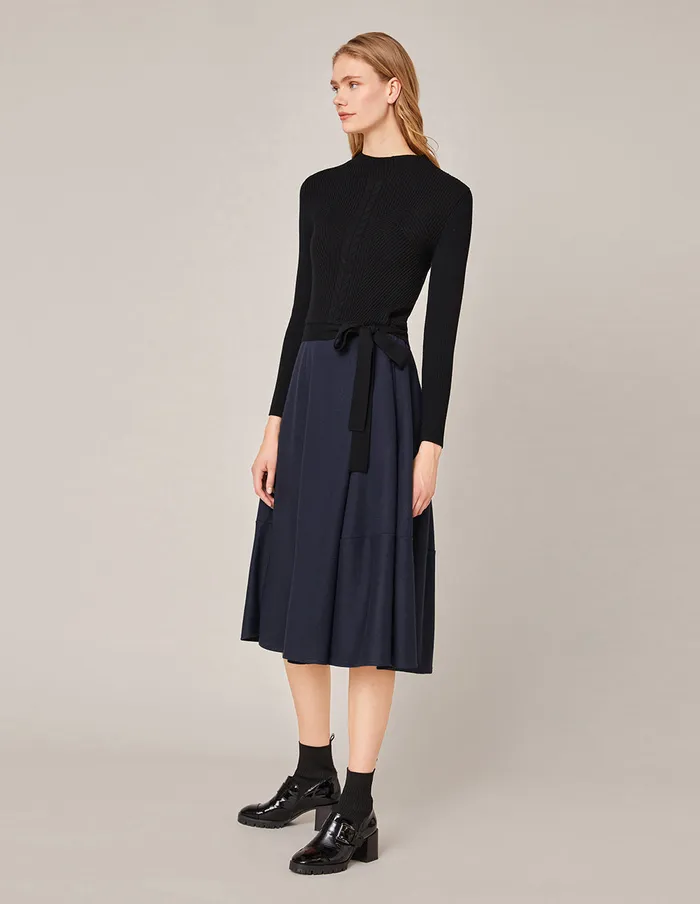 MARYLING Knit Dress RibKnit Spliced Pleated Midi Dress Dark Blue 8211 Women MARYLING Knit Dress RibKnit Spliced Pleated Midi Dress Dark Blue 8211 Women