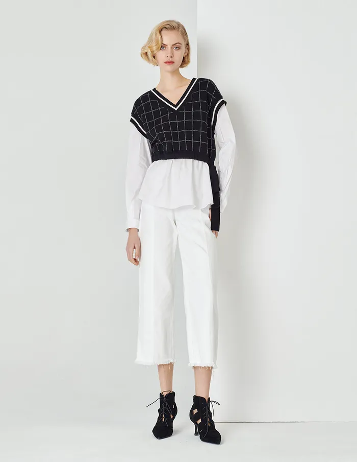 MARYLING Knitwear Black And White Colour Contrast Plaid Knitted Top Mix 8211 Women MARYLING Knitwear Black And White Colour Contrast Plaid Knitted Top Mix 8211 Women