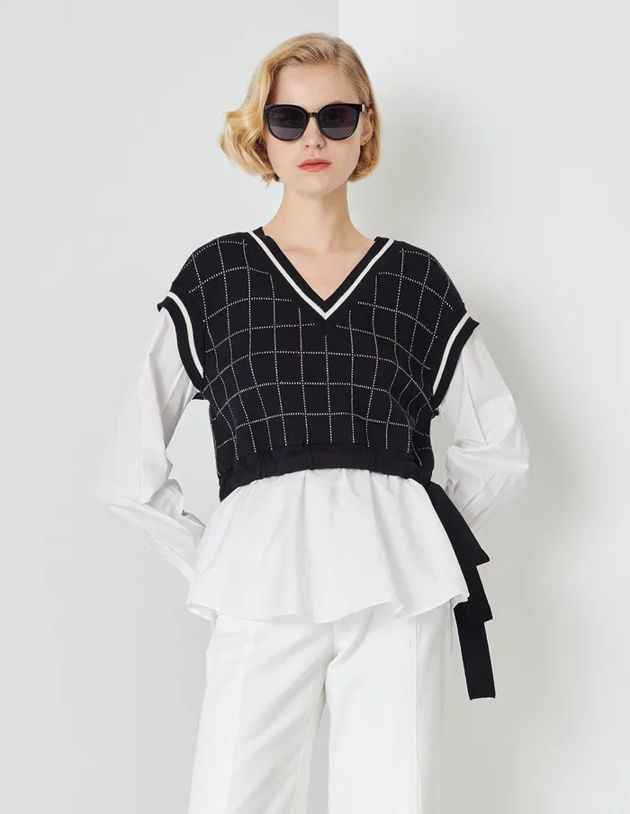 MARYLING Knitwear Black And White Colour Contrast Plaid Knitted Top Mix 8211 Women MARYLING Knitwear Black And White Colour Contrast Plaid Knitted Top Mix 8211 Women