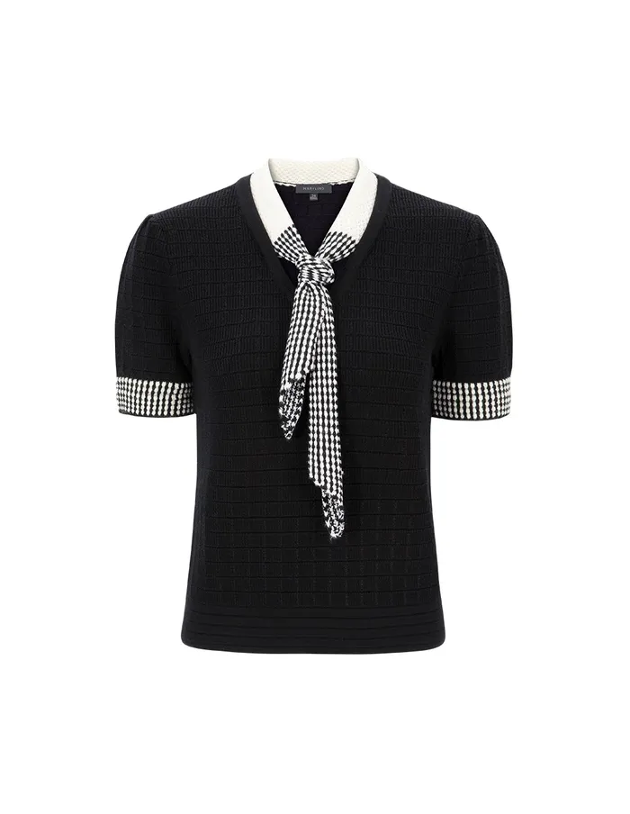 MARYLING Knitwear Black And White Tie Design Knitted ShortSleeved Pullover Monochrome 8211 Women MARYLING Knitwear Black And White Tie Design Knitted ShortSleeved Pullover Monochrome 8211 Women