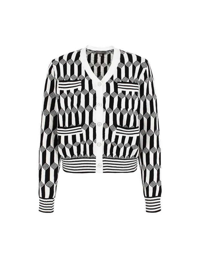 MARYLING Knitwear Geometric Patterned Jacquard MultiPockets Black and White Knit Cardigan Monochrome 8211 Women