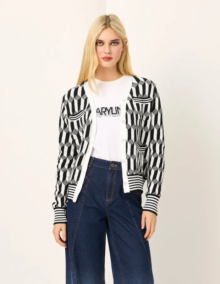 MARYLING Knitwear Geometric Patterned Jacquard MultiPockets Black and White Knit Cardigan Monochrome 8211 Women