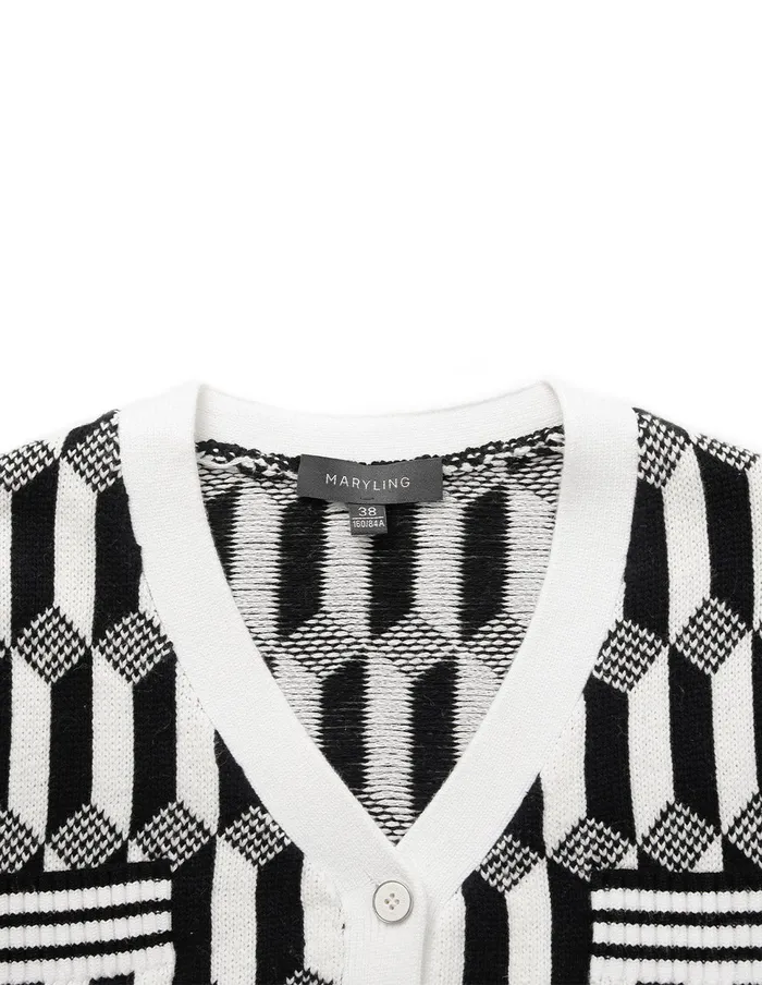 MARYLING Knitwear Geometric Patterned Jacquard MultiPockets Black and White Knit Cardigan Monochrome 8211 Women