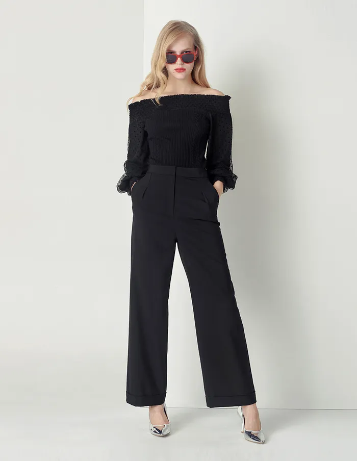 MARYLING Knitwear Oneword Neck Pleated Puff Sleeve Knitted Top Black 8211 Women MARYLING Knitwear Oneword Neck Pleated Puff Sleeve Knitted Top Black 8211 Women
