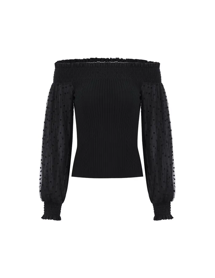 MARYLING Knitwear Oneword Neck Pleated Puff Sleeve Knitted Top Black 8211 Women MARYLING Knitwear Oneword Neck Pleated Puff Sleeve Knitted Top Black 8211 Women
