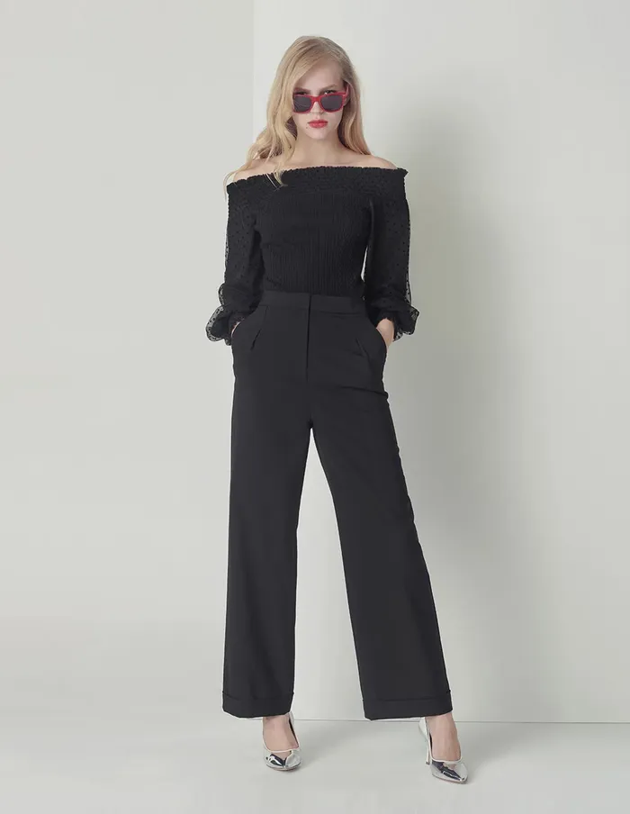 MARYLING Knitwear Oneword Neck Pleated Puff Sleeve Knitted Top Black 8211 Women MARYLING Knitwear Oneword Neck Pleated Puff Sleeve Knitted Top Black 8211 Women