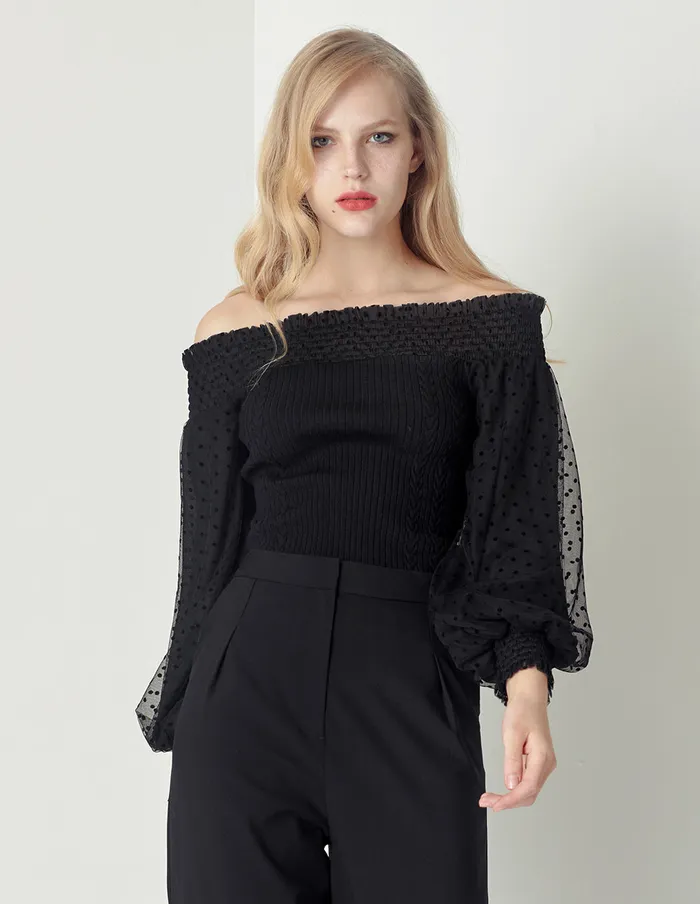 MARYLING Knitwear Oneword Neck Pleated Puff Sleeve Knitted Top Black 8211 Women MARYLING Knitwear Oneword Neck Pleated Puff Sleeve Knitted Top Black 8211 Women