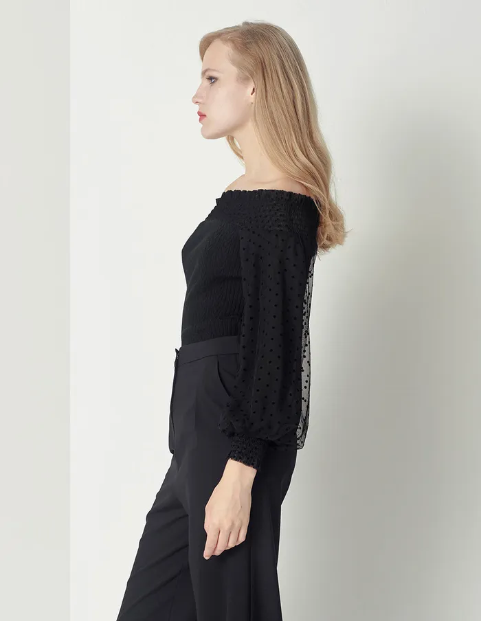 MARYLING Knitwear Oneword Neck Pleated Puff Sleeve Knitted Top Black 8211 Women MARYLING Knitwear Oneword Neck Pleated Puff Sleeve Knitted Top Black 8211 Women