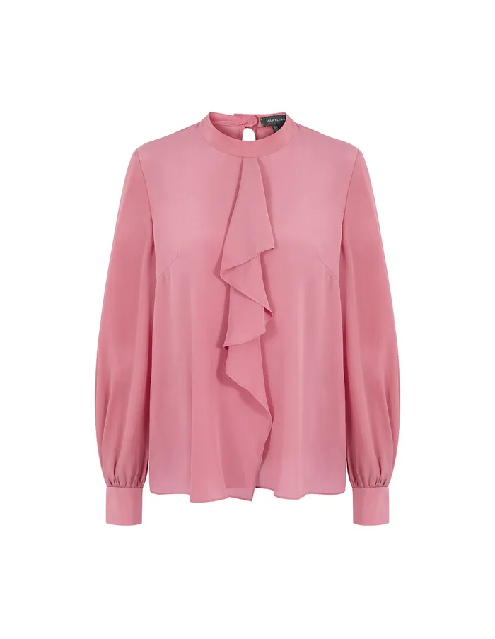 MARYLING Knitwear Pink Stand Collar Ruffle Top Pink 8211 Women MARYLING Knitwear Pink Stand Collar Ruffle Top Pink 8211 Women