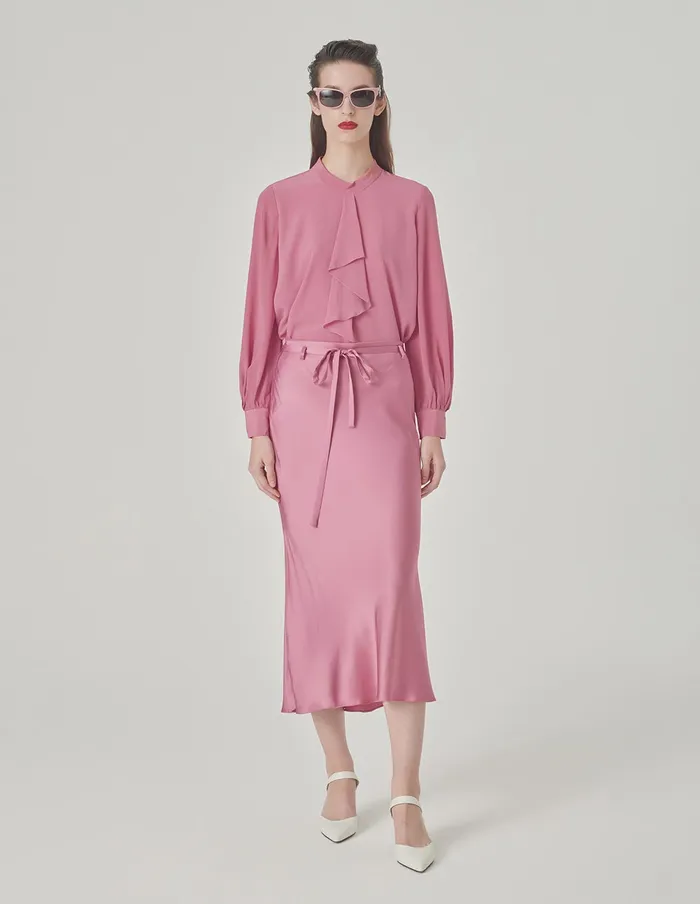 MARYLING Knitwear Pink Stand Collar Ruffle Top Pink 8211 Women MARYLING Knitwear Pink Stand Collar Ruffle Top Pink 8211 Women