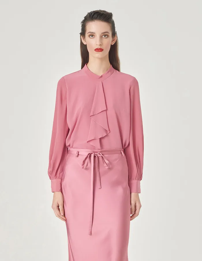 MARYLING Knitwear Pink Stand Collar Ruffle Top Pink 8211 Women MARYLING Knitwear Pink Stand Collar Ruffle Top Pink 8211 Women