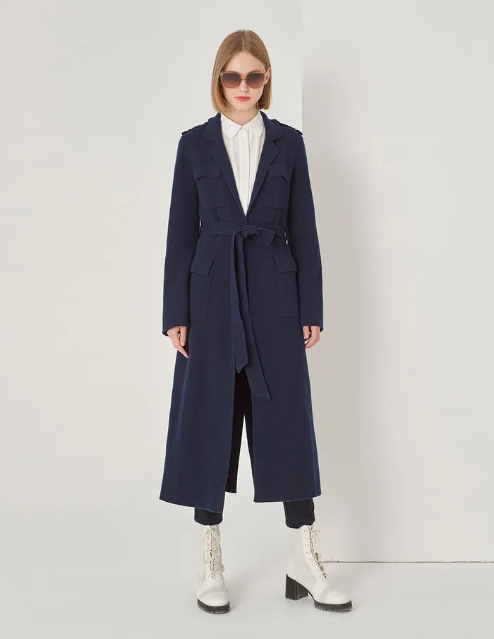 MARYLING Knitwear Pocket Lapel Wool Coat Dark Blue 8211 Women