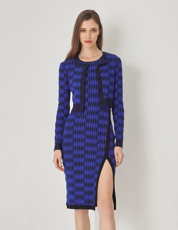 MARYLING Knitwear VNeck Blue Jacquard LongSleeved Knitted Cardigan Blue 8211 Women MARYLING Knitwear VNeck Blue Jacquard LongSleeved Knitted Cardigan Blue 8211 Women