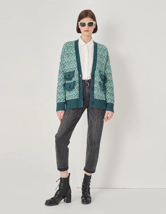 MARYLING Knitwear Vanilla Green VNeck Floral Knitted Cardigan Green 8211 Women MARYLING Knitwear Vanilla Green VNeck Floral Knitted Cardigan Green 8211 Women