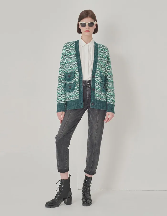MARYLING Knitwear Vanilla Green VNeck Floral Knitted Cardigan Green 8211 Women