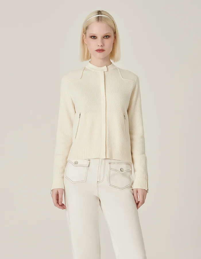 MARYLING Knitwear White StandUp Collar Zipper WideSleeved Knit Cardigan Cream 8211 Women MARYLING Knitwear White StandUp Collar Zipper WideSleeved Knit Cardigan Cream 8211 Women