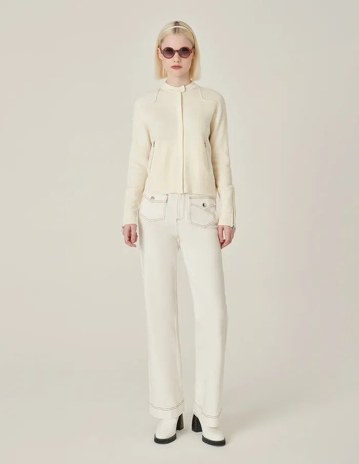 MARYLING Knitwear White StandUp Collar Zipper WideSleeved Knit Cardigan Cream 8211 Women MARYLING Knitwear White StandUp Collar Zipper WideSleeved Knit Cardigan Cream 8211 Women