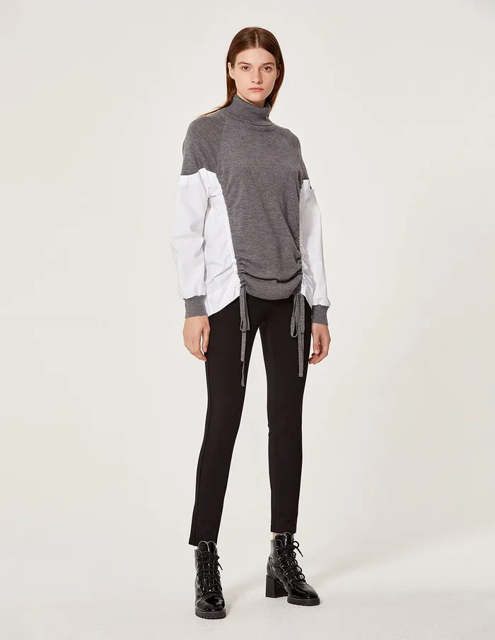 MARYLING Knitwear Wool Rib Knit Splicing Cotton Sleeve Sweater Gray 8211 Women MARYLING Knitwear Wool Rib Knit Splicing Cotton Sleeve Sweater Gray 8211 Women