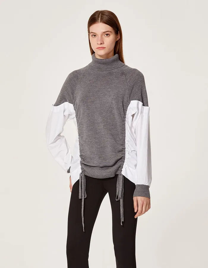 MARYLING Knitwear Wool Rib Knit Splicing Cotton Sleeve Sweater Gray 8211 Women MARYLING Knitwear Wool Rib Knit Splicing Cotton Sleeve Sweater Gray 8211 Women