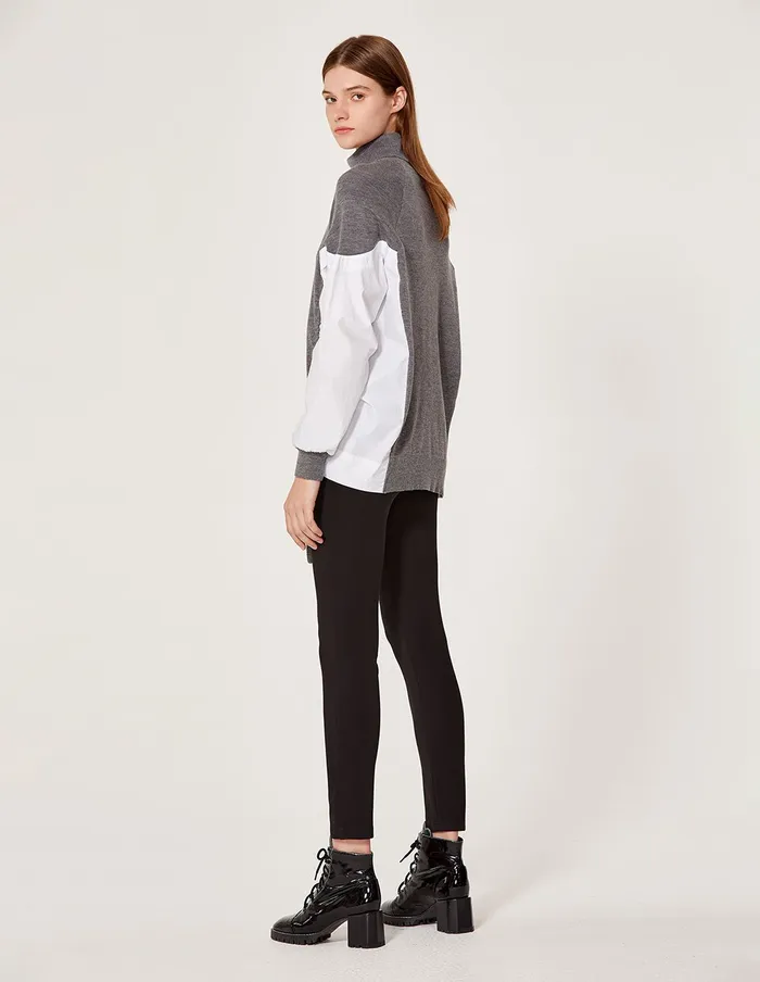 MARYLING Knitwear Wool Rib Knit Splicing Cotton Sleeve Sweater Gray 8211 Women MARYLING Knitwear Wool Rib Knit Splicing Cotton Sleeve Sweater Gray 8211 Women