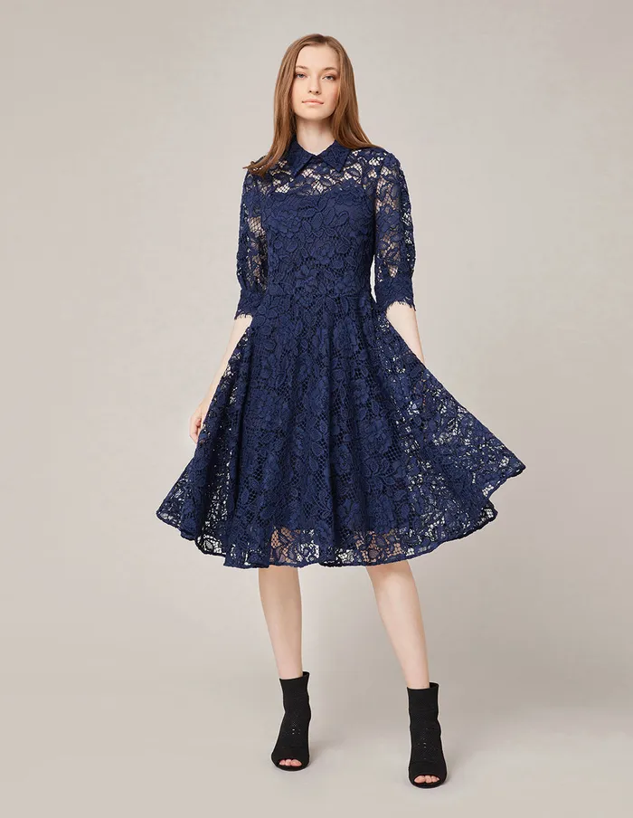 MARYLING Lace Dress PUFF SLEEVE SHIRT COLLAR LACE MIDI DRESS Midnight Blue 8211 Women MARYLING Lace Dress PUFF SLEEVE SHIRT COLLAR LACE MIDI DRESS Midnight Blue 8211 Women