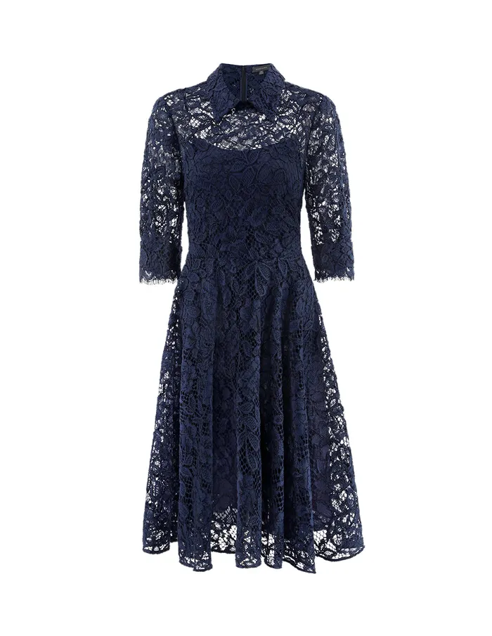 MARYLING Lace Dress PUFF SLEEVE SHIRT COLLAR LACE MIDI DRESS Midnight Blue 8211 Women MARYLING Lace Dress PUFF SLEEVE SHIRT COLLAR LACE MIDI DRESS Midnight Blue 8211 Women