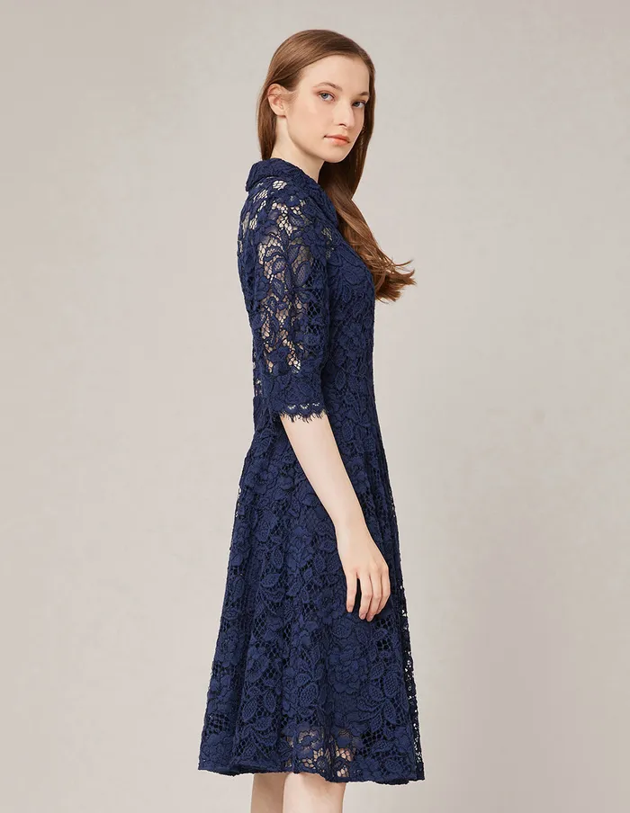 MARYLING Lace Dress PUFF SLEEVE SHIRT COLLAR LACE MIDI DRESS Midnight Blue 8211 Women MARYLING Lace Dress PUFF SLEEVE SHIRT COLLAR LACE MIDI DRESS Midnight Blue 8211 Women