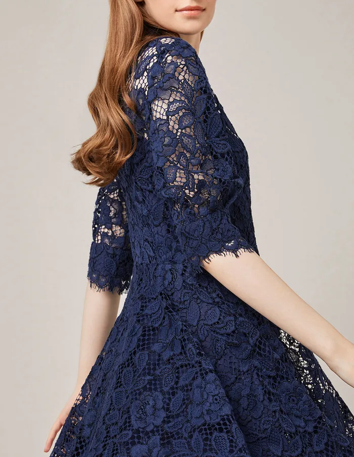 MARYLING Lace Dress PUFF SLEEVE SHIRT COLLAR LACE MIDI DRESS Midnight Blue 8211 Women MARYLING Lace Dress PUFF SLEEVE SHIRT COLLAR LACE MIDI DRESS Midnight Blue 8211 Women