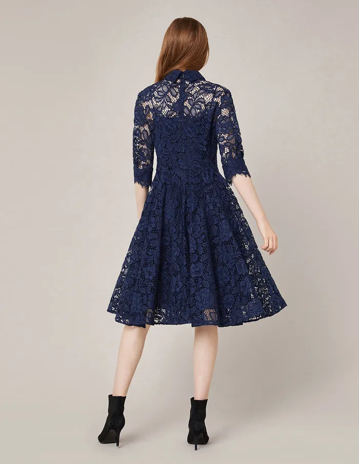MARYLING Lace Dress PUFF SLEEVE SHIRT COLLAR LACE MIDI DRESS Midnight Blue 8211 Women MARYLING Lace Dress PUFF SLEEVE SHIRT COLLAR LACE MIDI DRESS Midnight Blue 8211 Women