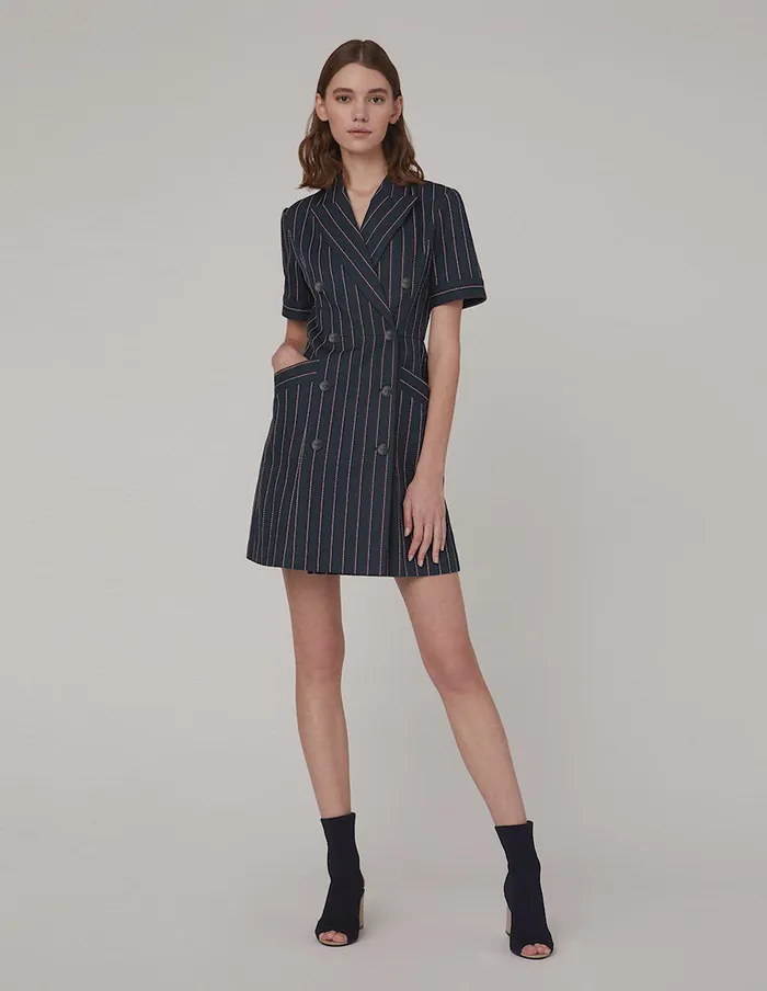 MARYLING Offce Dress Dark Blue Doublebreasted Lapel Collar Dress Mix 8211 Women