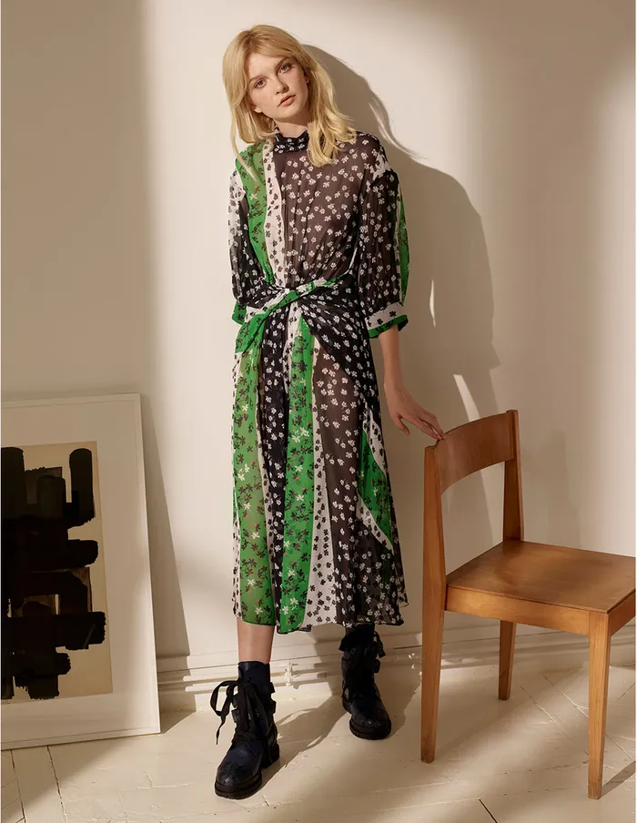 MARYLING Printed Dress Chiffon Splicing Floral Pattern Half Sleeve Belted Midi Dress Black 8211 Women MARYLING Printed Dress Chiffon Splicing Floral Pattern Half Sleeve Belted Midi Dress Black 8211 Women