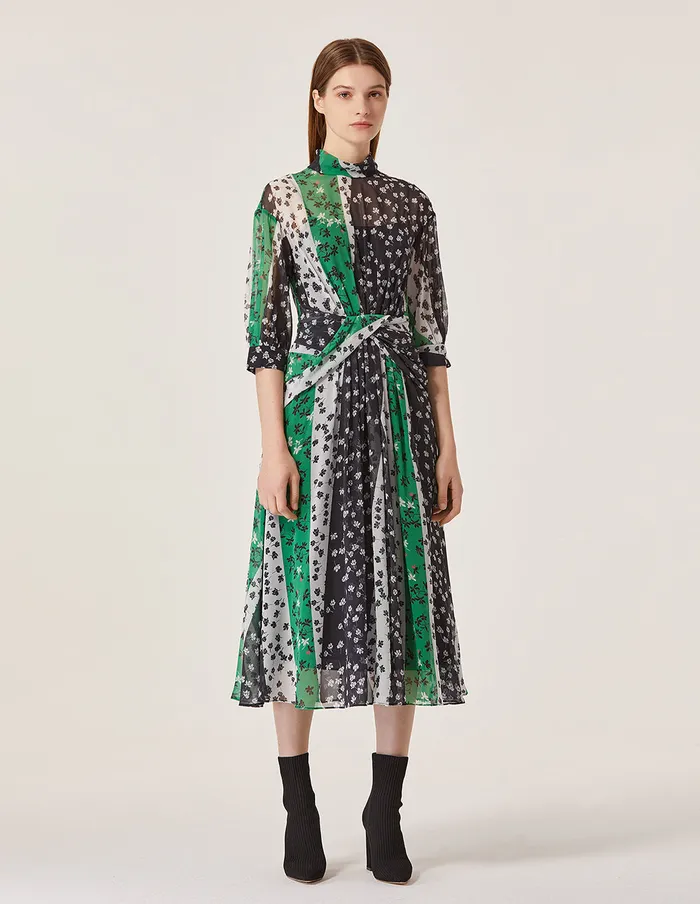 MARYLING Printed Dress Chiffon Splicing Floral Pattern Half Sleeve Belted Midi Dress Black 8211 Women MARYLING Printed Dress Chiffon Splicing Floral Pattern Half Sleeve Belted Midi Dress Black 8211 Women