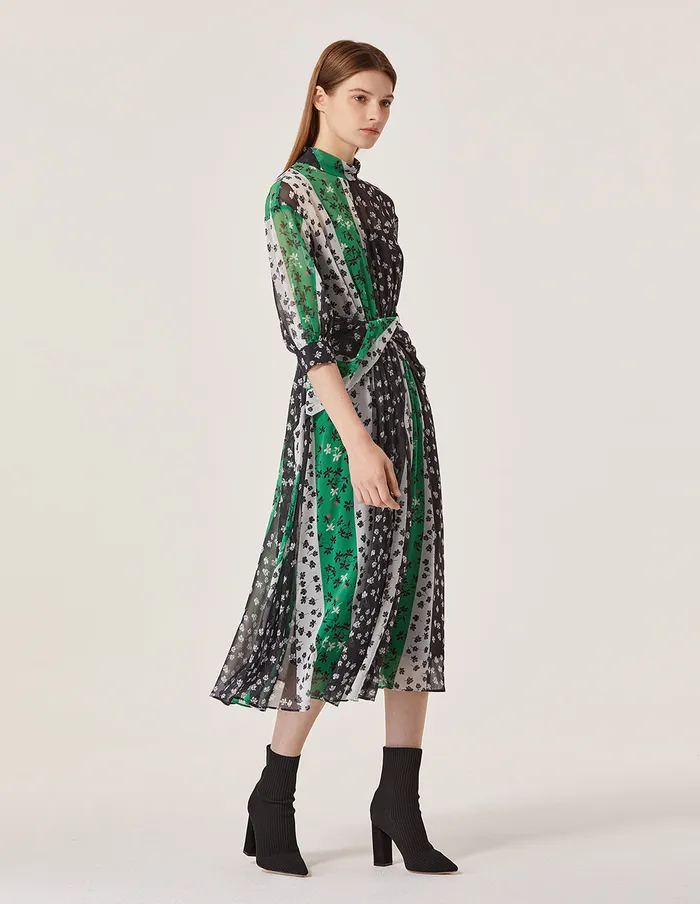 MARYLING Printed Dress Chiffon Splicing Floral Pattern Half Sleeve Belted Midi Dress Black 8211 Women MARYLING Printed Dress Chiffon Splicing Floral Pattern Half Sleeve Belted Midi Dress Black 8211 Women