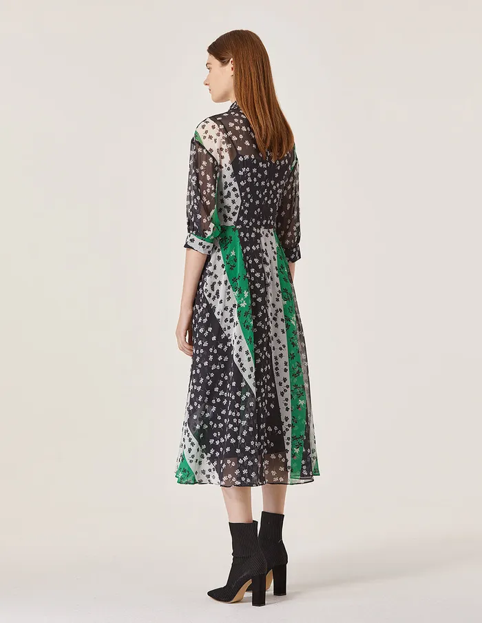 MARYLING Printed Dress Chiffon Splicing Floral Pattern Half Sleeve Belted Midi Dress Black 8211 Women MARYLING Printed Dress Chiffon Splicing Floral Pattern Half Sleeve Belted Midi Dress Black 8211 Women