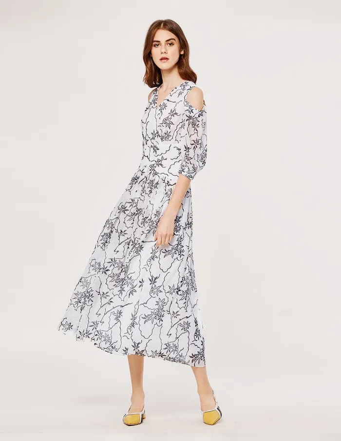 MARYLING Printed Dress Chiffon Toile Floral Pattern Off Shoulder ALine Maxi Dress White 8211 Women MARYLING Printed Dress Chiffon Toile Floral Pattern Off Shoulder ALine Maxi Dress White 8211 Women