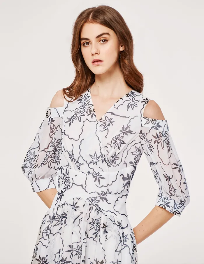 MARYLING Printed Dress Chiffon Toile Floral Pattern Off Shoulder ALine Maxi Dress White 8211 Women MARYLING Printed Dress Chiffon Toile Floral Pattern Off Shoulder ALine Maxi Dress White 8211 Women