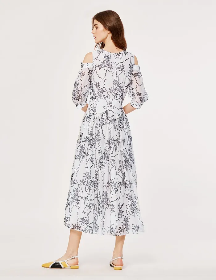 MARYLING Printed Dress Chiffon Toile Floral Pattern Off Shoulder ALine Maxi Dress White 8211 Women MARYLING Printed Dress Chiffon Toile Floral Pattern Off Shoulder ALine Maxi Dress White 8211 Women