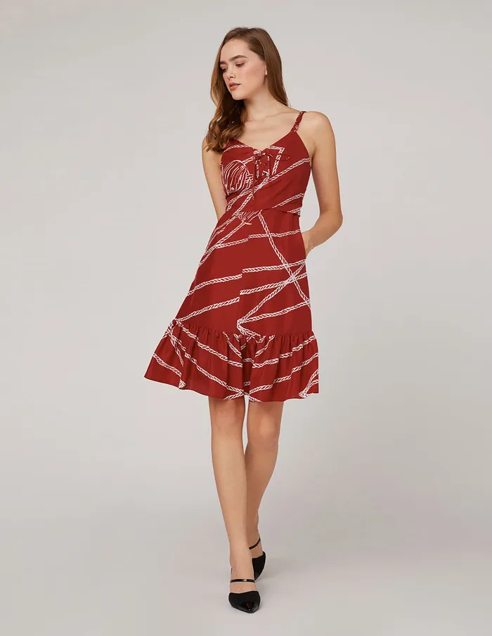 MARYLING Printed Dress Red White Rope Print Woven Belt Dress Mix 8211 Women