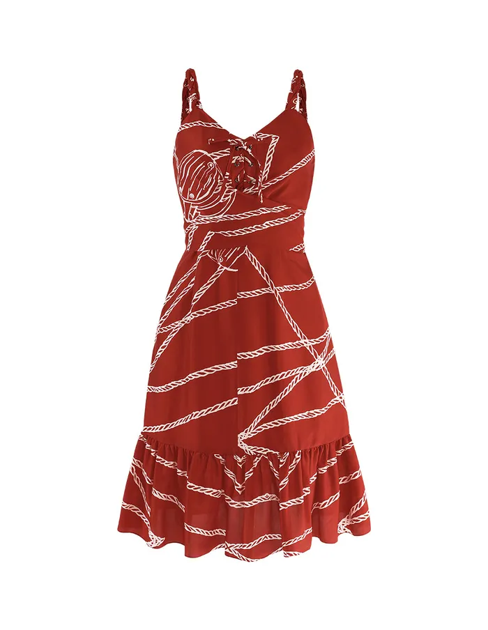 MARYLING Printed Dress Red White Rope Print Woven Belt Dress Mix 8211 Women MARYLING Printed Dress Red White Rope Print Woven Belt Dress Mix 8211 Women
