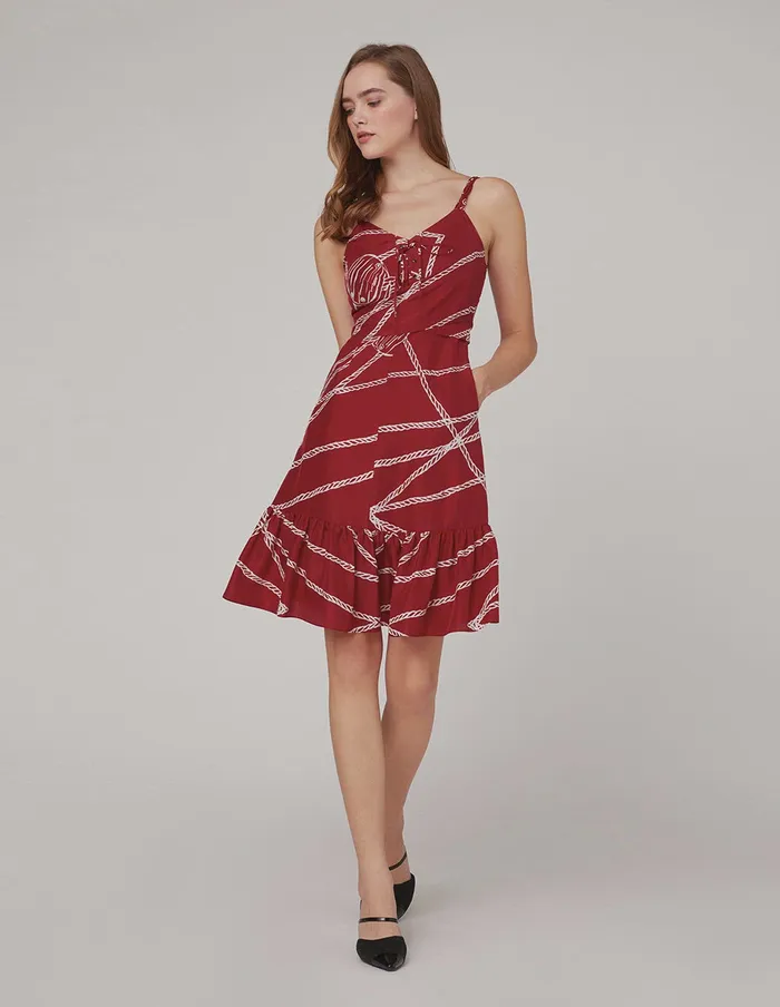 MARYLING Printed Dress Red White Rope Print Woven Belt Dress Mix 8211 Women MARYLING Printed Dress Red White Rope Print Woven Belt Dress Mix 8211 Women