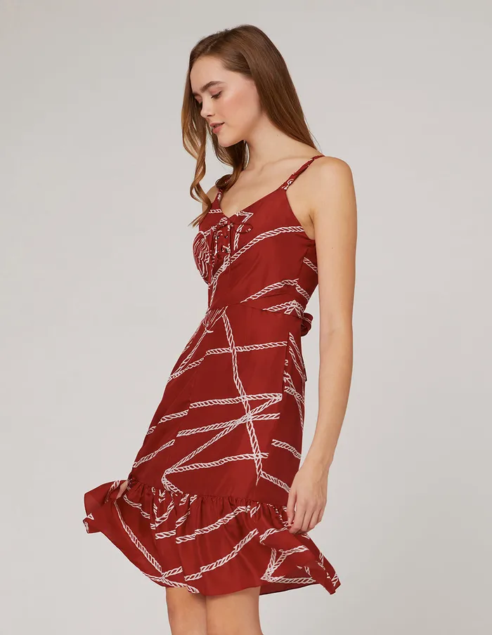 MARYLING Printed Dress Red White Rope Print Woven Belt Dress Mix 8211 Women MARYLING Printed Dress Red White Rope Print Woven Belt Dress Mix 8211 Women